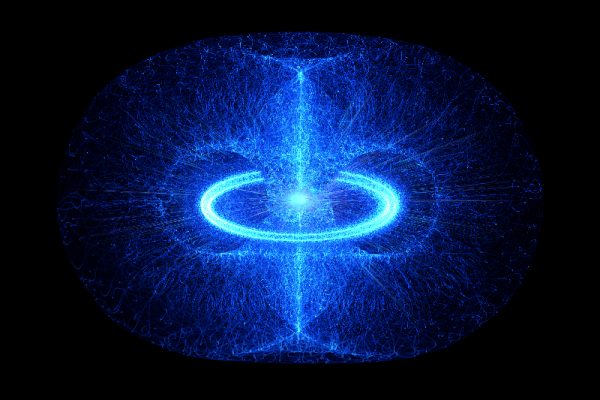 High Energy Particles Flow Through A Tokamak Or Doughnut-Shaped Device. Antigravity, Magnetic Field, Nuclear Fusion, Gravitational Waves And Spacetime Concept